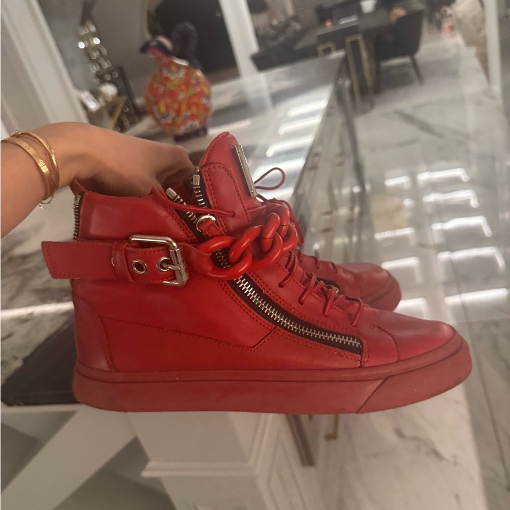 Giuseppe Zanotti Red High-Top Sneakers with Buckle Strap